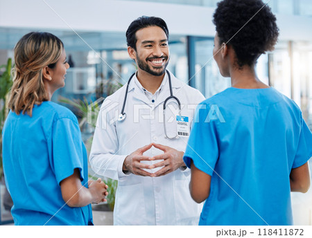 Teamwork, discussion and doctors in meeting in hospital for medical strategy, diagnosis and treatment. Healthcare, collaboration and man doctor with nurses for consulting, planning or surgery results 118411872