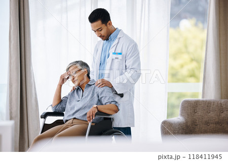 Stress, woman in a wheelchair and doctor talking to patient, recovery and depression. Female person with injury, male employee and medical professional support lady, disability and comfort in office Stress, woman in a wheelchair and doctor talking to patient, recovery and depression. Female person with injury, male employee and medical professional support lady, disability and comfort in office 118411945