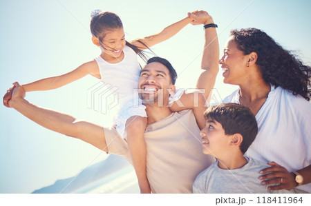 Happy family, love and beach piggyback with kids and parents bonding on blue sky background. Travel, smile and children with mom and dad on ocean vacation, holiday or trip, excited and joy in Miami Happy family, love and beach piggyback with kids and parents bonding on blue sky background. Travel, smile and children with mom and dad on ocean vacation, holiday or trip, excited and joy in Miami 118411964