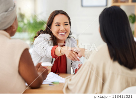 Happy, greeting and business people with a handshake in a meeting for partnership and agreement. Smile, thank you and corporate women shaking hands in an office for a contract and onboarding 118412021