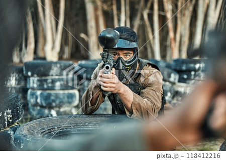 Paintball gun, opponent or man aim, shooting and target soldier, warrior or action player in battlefield arena. Army mission, male shooter or military focus on war battle, conflict fight or challenge Paintball gun, opponent or man aim, shooting and target soldier, warrior or action player in battlefield arena. Army mission, male shooter or military focus on war battle, conflict fight or challenge 118412216