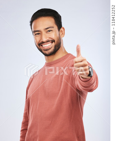 Thumbs up, portrait and man vote for success in studio, white background and thank you. Happy asian male model, thumb emoji and support of winning, like and motivation of feedback, good review or yes 118412252