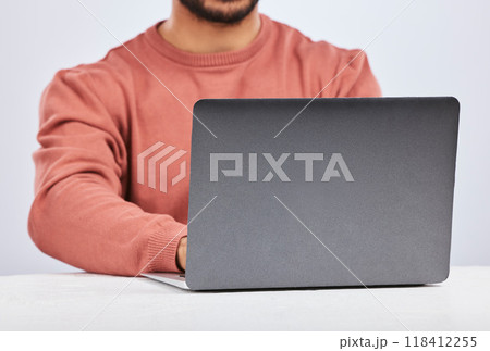 Laptop space, IT and closeup of man in studio, white background or programming digital code. Model, software developer and back of screen with computer engineer, technology and coding date on website 118412255