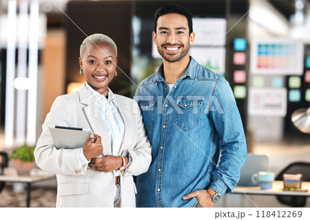 Tablet, teamwork and portrait of employees happy for startup financial growth on a website, web or internet. Smile, technology and business people or team in collaboration for an online proposal 118412269