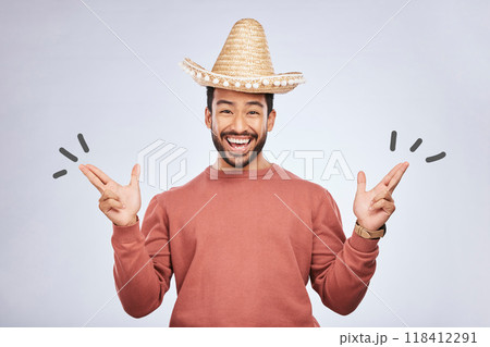 Finger gun, hat and portrait of man in studio with hand gesture for comic, humor and funny joke. Happy, Mexican party accessories and excited male person on gray background with sombrero for comedy 118412291