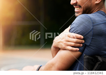 Fitness, closeup or man with shoulder pain, injury or exercise and inflammation, broken and muscle tension. Zoom, hurt person and athlete with accident, arm strain and health problem on outdoor space 118412341