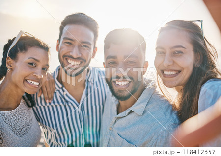 Friends, selfie and sunshine, happy outdoor with travel and freedom, men and women with face in nature. Smile for picture, memory and social media post, group of people and adventure in summer 118412357