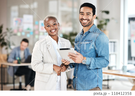 Tablet, about us and portrait of employees happy for startup financial growth on a website, web or internet. Smile, technology and business people or team in collaboration for an online proposal 118412358