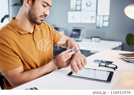 Time check, notification and businessman with a watch at work for a project deadline or schedule. Technology, office and an Asian employee setting a timer, reading a message or communication on tech 118412476