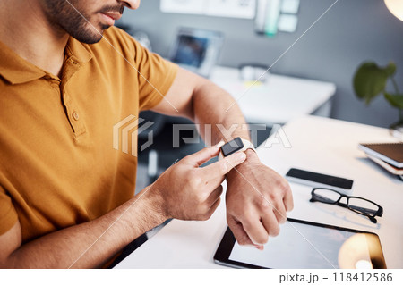 Time, notification and man with a watch at work for deadline, appointment or reading a message. Digital, technology and an employee with electronics for timing, organizer and connection in office Time, notification and man with a watch at work for deadline, appointment or reading a message. Digital, technology and an employee with electronics for timing, organizer and connection in office 118412586