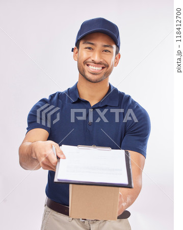 Delivery man, box in portrait and happy, clipboard for signature and package, shipping isolated on white background. Paper invoice, customer to sign and male smile in studio with commercial service Delivery man, box in portrait and happy, clipboard for signature and package, shipping isolated on white background. Paper invoice, customer to sign and male smile in studio with commercial service 118412700