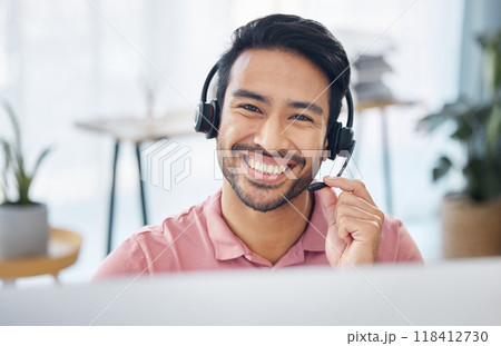 Happy asian man, call center and portrait smile on computer for consulting, customer service or support at office. Friendly male consultant with headphones by PC for telemarketing or online advice 118412730