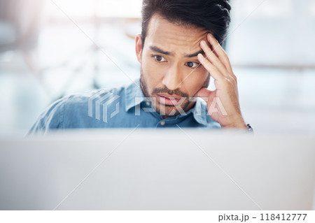 Asian man, stress and tired with laptop in office for glitch, problem and anxiety for proposal, idea or burnout. Businessman, computer and thinking with frustrated face, depressed and headache at job Asian man, stress and tired with laptop in office for glitch, problem and anxiety for proposal, idea or burnout. Businessman, computer and thinking with frustrated face, depressed and headache at job 118412777