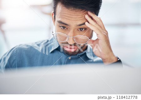 Asian man, frustrated and tired with laptop in office for glitch, problem or anxiety for proposal, idea or burnout. Businessman, computer and thinking with stress, depressed or headache for 404 error Asian man, frustrated and tired with laptop in office for glitch, problem or anxiety for proposal, idea or burnout. Businessman, computer and thinking with stress, depressed or headache for 404 error 118412778
