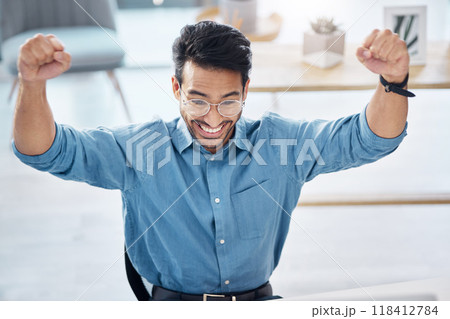 Winner, success and happy businessman in office, celebrating and excited for email, review or loan approval. Hands, celebration and corporate male online winner with emoji, wow or winning gesture Winner, success and happy businessman in office, celebrating and excited for email, review or loan approval. Hands, celebration and corporate male online winner with emoji, wow or winning gesture 118412784