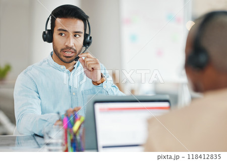 Customer support, office headset and man talking on telemarketing communication, contact us CRM or ERP telecom. Male ecommerce consultant, call center service or tech support consulting on microphone Customer support, office headset and man talking on telemarketing communication, contact us CRM or ERP telecom. Male ecommerce consultant, call center service or tech support consulting on microphone 118412835