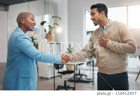 Business people, handshake and partnership in collaboration for trust, unity or teamwork at the office. Businessman and woman shaking hands in meeting, b2b or agreement for greeting, welcome or deal 118412857