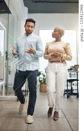Business people walking, talking and planning company strategy, career development and management in office. Diversity staff, employees or black woman with partner discussion, advice or project ideas 118412868