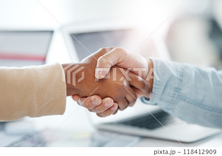 Business people, handshake and meeting for b2b, partnership or deal in teamwork collaboration at office. Employees shaking hands for team strategy, promotion or greeting introduction at the workplace 118412909