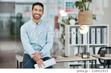 Professional, smile and portrait of asian man in office for startup, confident and pride. Development, corporate and happy with male employee in business agency for management, expert and director 118412913