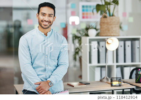 Happy, business and portrait of man in office for startup, confident and positive. Pride, corporate and entrepreneurship with male employee standing in agency for management, expert and director 118412914