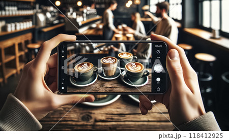 A cascade of sunlight floods the cafe, where a person uses their smartphone to photograph a wooden tray with three elegant lattes, the background a soft blur of cafe patrons. A cascade of sunlight floods the cafe, where a person uses their smartphone to photograph a wooden tray with three elegant lattes, the background a soft blur of cafe patrons. 118412925