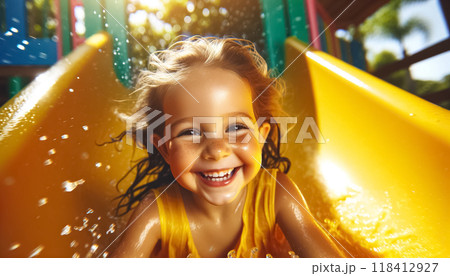 This close-up photograph captures the beaming joy of a little girl sliding down a yellow water slide under bright daylight. Her face, lit by natural sunlight, radiates excitement amidst the splashes 118412927