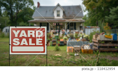 Yard Sale Lawn Sign In Front of House with Items Laid Out For Sale on Front Lawn. 118412954