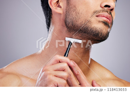 Beard hair, razor and closeup man with beauty routine, self care treatment, morning bathroom grooming and cosmetics skincare. Neck cleaning, salon wellness or studio person shaving on grey background Beard hair, razor and closeup man with beauty routine, self care treatment, morning bathroom grooming and cosmetics skincare. Neck cleaning, salon wellness or studio person shaving on grey background 118413033