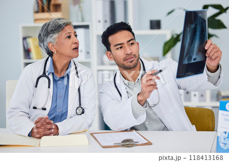 Teamwork, xray and doctors, nurses or people of healthcare research, results and analysis or solution in office. X ray review, radiology and medical woman, mentor and man talking or planning anatomy Teamwork, xray and doctors, nurses or people of healthcare research, results and analysis or solution in office. X ray review, radiology and medical woman, mentor and man talking or planning anatomy 118413168