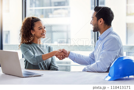 Engineering, handshake and woman with partner for construction planning, thank you and success or deal in office. B2b, onboarding and architecture meeting of contractor or happy people shaking hands Engineering, handshake and woman with partner for construction planning, thank you and success or deal in office. B2b, onboarding and architecture meeting of contractor or happy people shaking hands 118413171