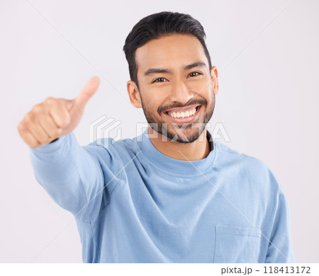 Portrait, smile and asian man in studio with thumbs up, hand or thank you sign on grey background. Happy, face and Japanese male with finger emoji for yes, vote or positive review, success or agree Portrait, smile and asian man in studio with thumbs up, hand or thank you sign on grey background. Happy, face and Japanese male with finger emoji for yes, vote or positive review, success or agree 118413172
