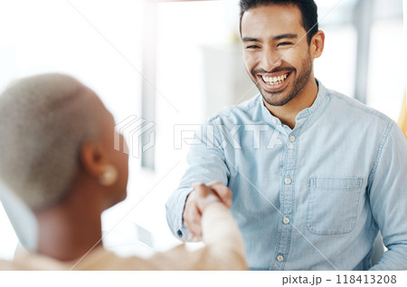 Handshake, professional team and smile, partnership and collaboration, agreement or deal with success. Diversity, shaking hands and people happy working together in meeting with teamwork and trust 118413208