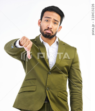 Thumbs down, sad man and portrait in a studio with bad feedback, voting and emoji hand sign. Negative opinion, decision and wrong hands gesture of a upset business man with isolated white background Thumbs down, sad man and portrait in a studio with bad feedback, voting and emoji hand sign. Negative opinion, decision and wrong hands gesture of a upset business man with isolated white background 118413226