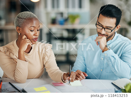 Team, interracial and planning, brainstorming and meeting, market research and communication, strategy and diversity. Collaboration at digital marketing agency, people talk at desk with sticky note Team, interracial and planning, brainstorming and meeting, market research and communication, strategy and diversity. Collaboration at digital marketing agency, people talk at desk with sticky note 118413253