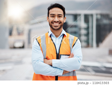 Portrait, construction worker and man smile with arms crossed with solar panel job outdoor. Roof, eco engineer and green energy project with builder and sustainability contractor ready for work 118413303
