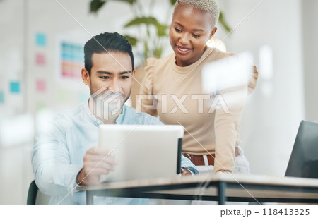 Creative business people, tablet and planning in digital marketing for design or tasks at office. Happy asian man and black woman smiling with touchscreen working on project plan or startup strategy 118413325