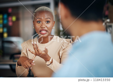 Job interview, human resources recruitment and black woman explain hiring process, HR communication or networking. Talking, speaking and team collaboration chat, strategy discussion or conversation 118413350