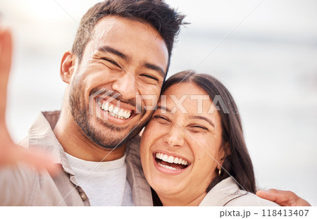 Couple outdoor, face and laughing in selfie with romantic date, social media post with love and care. Trust, care and commitment, man and woman funny together with happiness in picture and memory Couple outdoor, face and laughing in selfie with romantic date, social media post with love and care. Trust, care and commitment, man and woman funny together with happiness in picture and memory 118413407