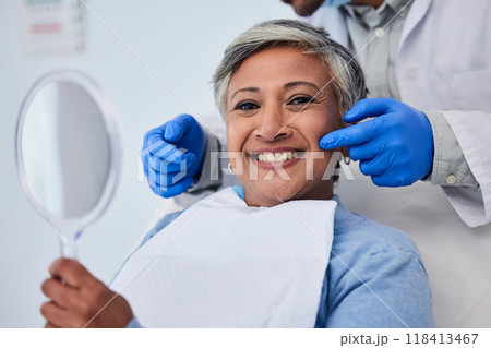 Happy senior woman, teeth and dentist for dental care, appointment or checkup at clinic. Portrait of elderly female person smile for tooth whitening, cleaning or oral, mouth and gum care at hospital 118413467