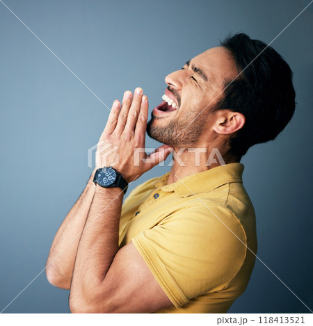 Praying, shouting and begging with a man in studio on a gray background desperate for help or assistance. Mental health, screaming and asking with an angry male suffering from grief, pain or loss 118413521