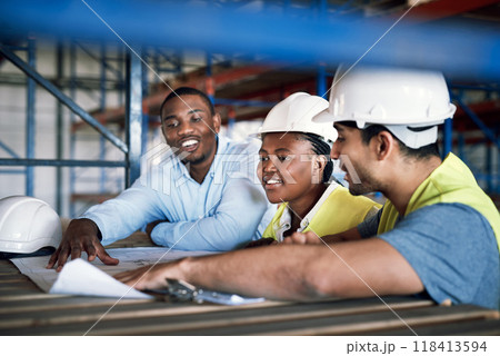 Engineer people, architect and blueprint in planning for construction, team strategy or brainstorming on site. Happy contractor in teamwork, project plan or collaboration for industrial architecture Engineer people, architect and blueprint in planning for construction, team strategy or brainstorming on site. Happy contractor in teamwork, project plan or collaboration for industrial architecture 118413594