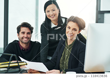 Teamwork, training and portrait of business people with a report for planning and work agenda. Happy, help and a manager with employees and a document for a strategy, collaboration or schedule Teamwork, training and portrait of business people with a report for planning and work agenda. Happy, help and a manager with employees and a document for a strategy, collaboration or schedule 118413636