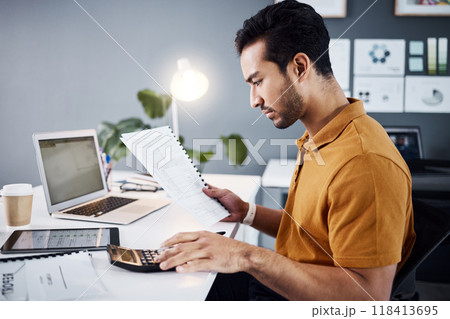 Documents, calculator and business man reading financial accounting paperwork, budget funding or finance assessment. Bookkeeping administration, calculating and male accountant review banking numbers Documents, calculator and business man reading financial accounting paperwork, budget funding or finance assessment. Bookkeeping administration, calculating and male accountant review banking numbers 118413695