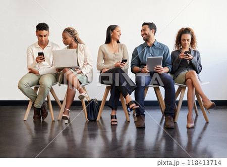 Technology, hiring and recruitment with business people sitting in line waiting for a human resources meeting. Interview, online and talking with a happy candidate group in a row for a job vacancy 118413714