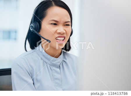 Customer service communication, computer problem and woman telemarketing on ecommerce, contact us CRM or telecom. Call center mistake, 404 website error and Asian IT consultant with software glitch 118413786