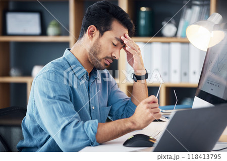 Burnout, headache and tired business man in anxiety, mental health problem and bankruptcy crisis. Sad, frustrated and stressed male with fatigue, depression and risk of debt, disaster and tax mistake Burnout, headache and tired business man in anxiety, mental health problem and bankruptcy crisis. Sad, frustrated and stressed male with fatigue, depression and risk of debt, disaster and tax mistake 118413795