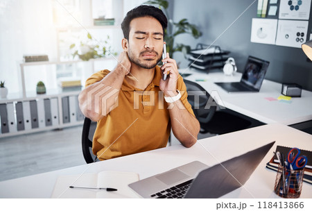Business man, phone call and neck pain or stress at office desk with a laptop and depression. Asian male entrepreneur with technology and depression, mental health or burnout while tired and working Business man, phone call and neck pain or stress at office desk with a laptop and depression. Asian male entrepreneur with technology and depression, mental health or burnout while tired and working 118413866