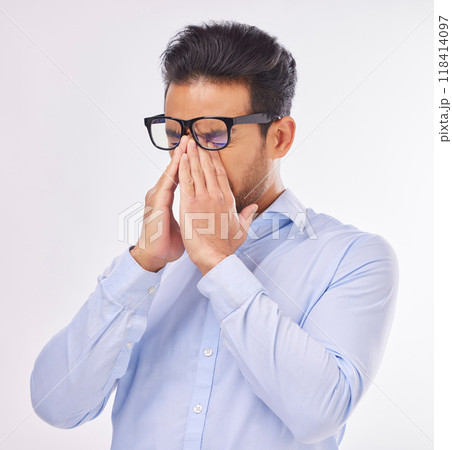 Headache, stress and frustrated business man feeling sick, ill and pain isolated in a studio white background. Employee, sad and professional worker suffering with a migraine due to fatigue 118414097