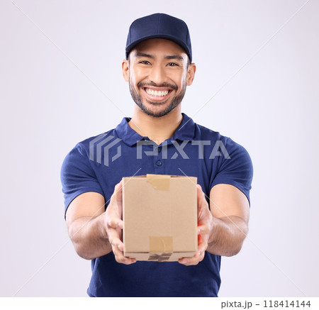 Delivery, box and portrait of asian man in studio for shipping, courier and supplier. Logistics, product and cargo with male on gray background for ecommerce, postage and package distribution Delivery, box and portrait of asian man in studio for shipping, courier and supplier. Logistics, product and cargo with male on gray background for ecommerce, postage and package distribution 118414144